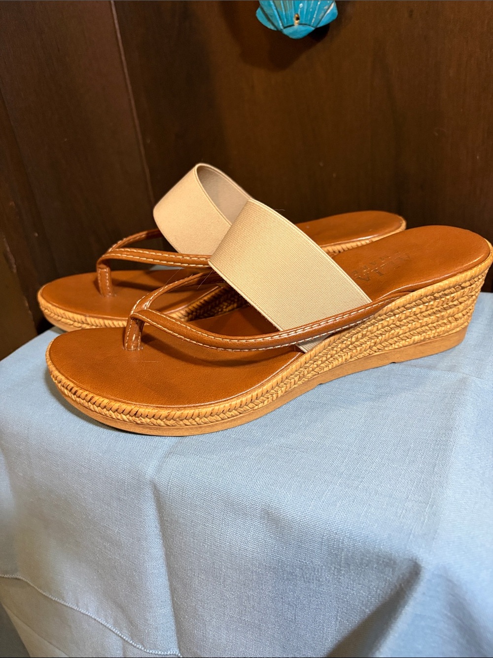 Italian Shoemakers Tan Wedge Thong Sandals with Cream elastic Strap